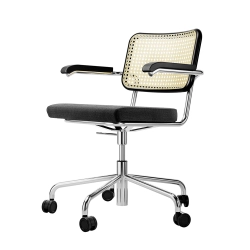 THONET chaise sur roulettes S 64 SPVDR avec accoudoirs, assise et dossier rembourrés en rotin indien tressé