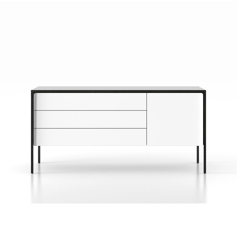 PUNT MOBLES buffet meuble TACTILE structure en chêne teinté gris avec 3 tiroirs et 1 porte