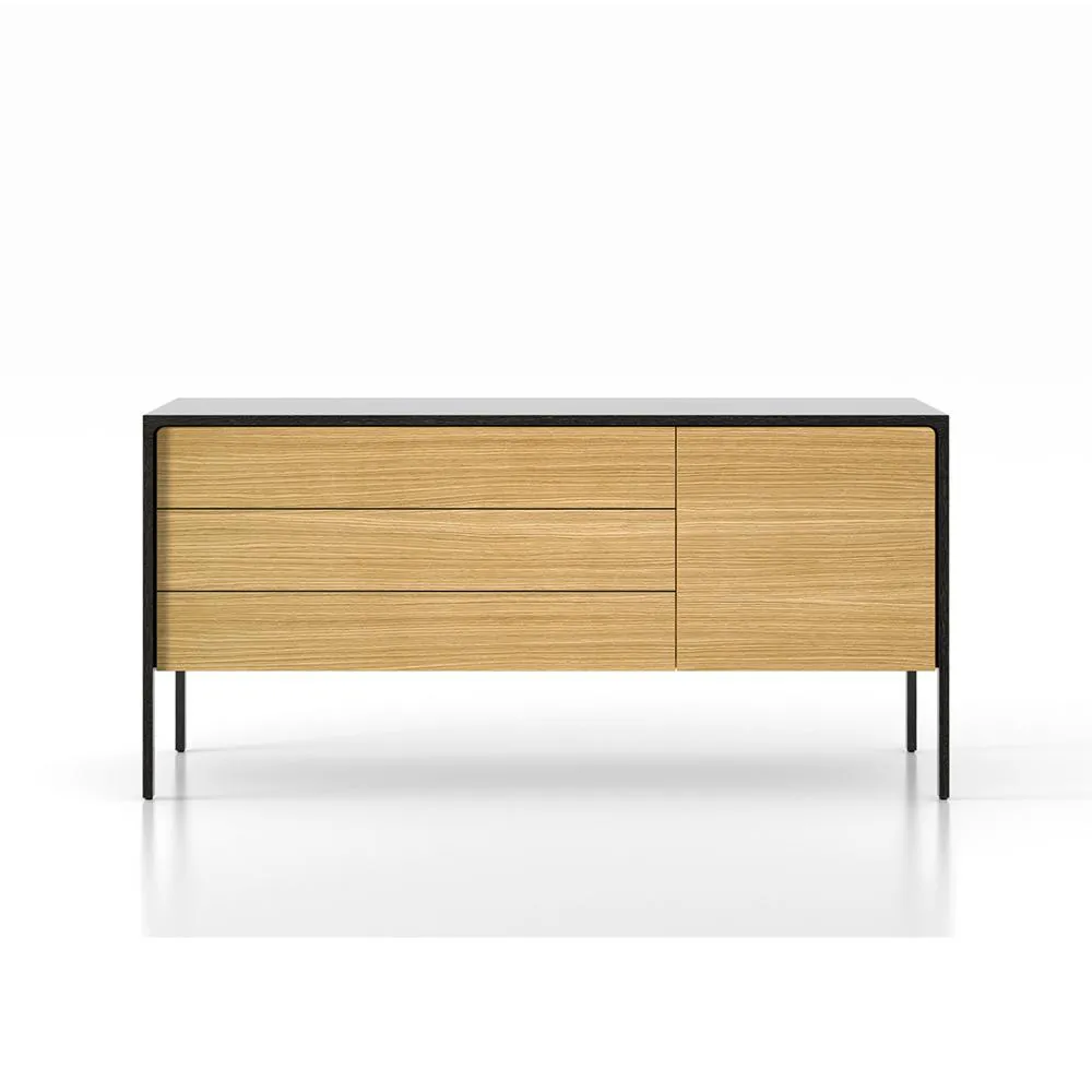 PUNT MOBLES buffet meuble TACTILE structure en chêne teinté gris avec 3 tiroirs et 1 porte