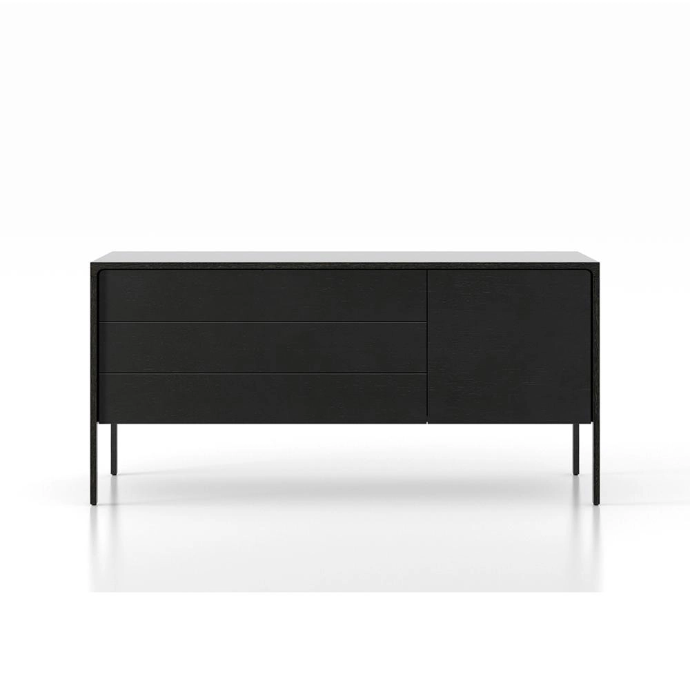 PUNT MOBLES buffet meuble TACTILE structure en chêne teinté gris avec 3 tiroirs et 1 porte