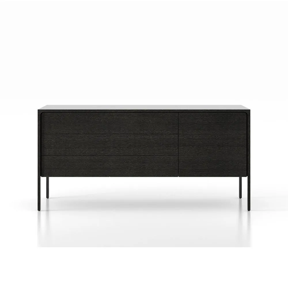 PUNT MOBLES buffet meuble TACTILE structure en chêne teinté gris avec 3 tiroirs et 1 porte