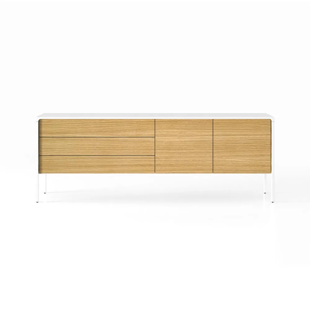 PUNT MOBLES buffet meuble TACTILE structure en chêne laqué blanc avec 3 tiroirs et 2 portes