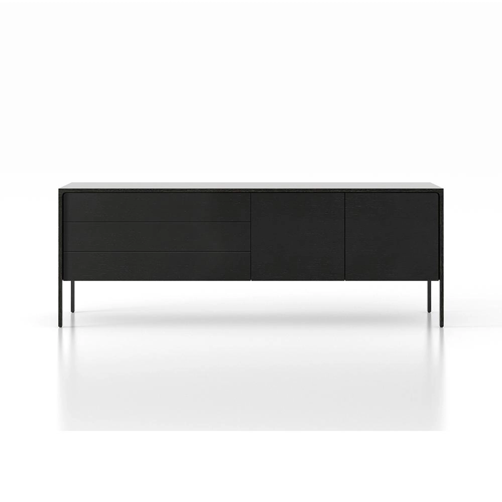 PUNT MOBLES buffet meuble TACTILE structure en chêne teinté gris avec 3 tiroirs et 2 portes